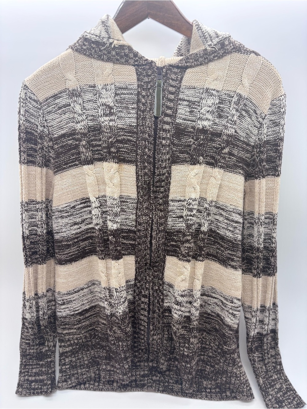 Just My Size Beige and Brown Striped Hooded Zip Cardigan